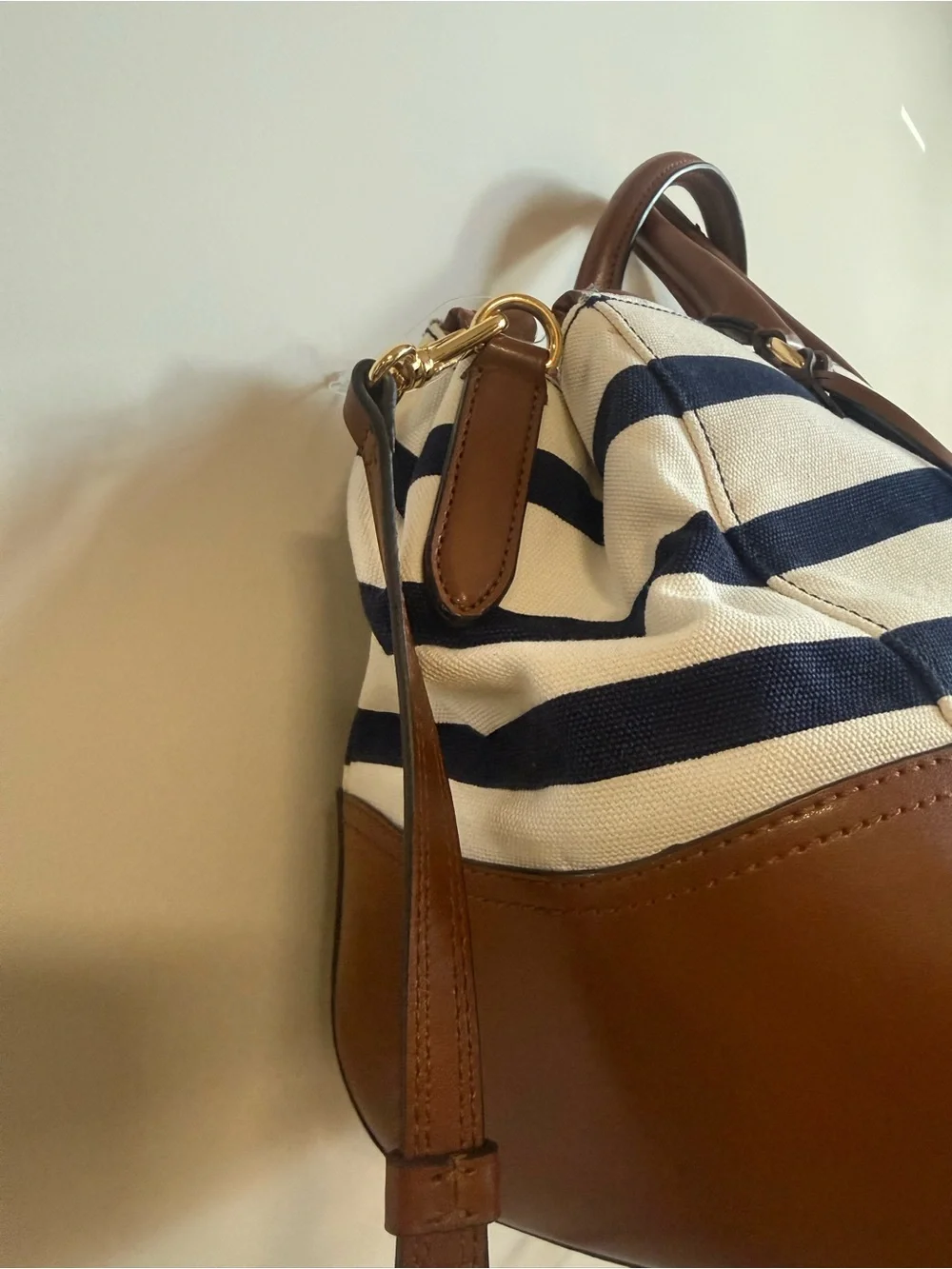 Ralph Lauren Black & White Striped Canvas Weekender with Brown Leather